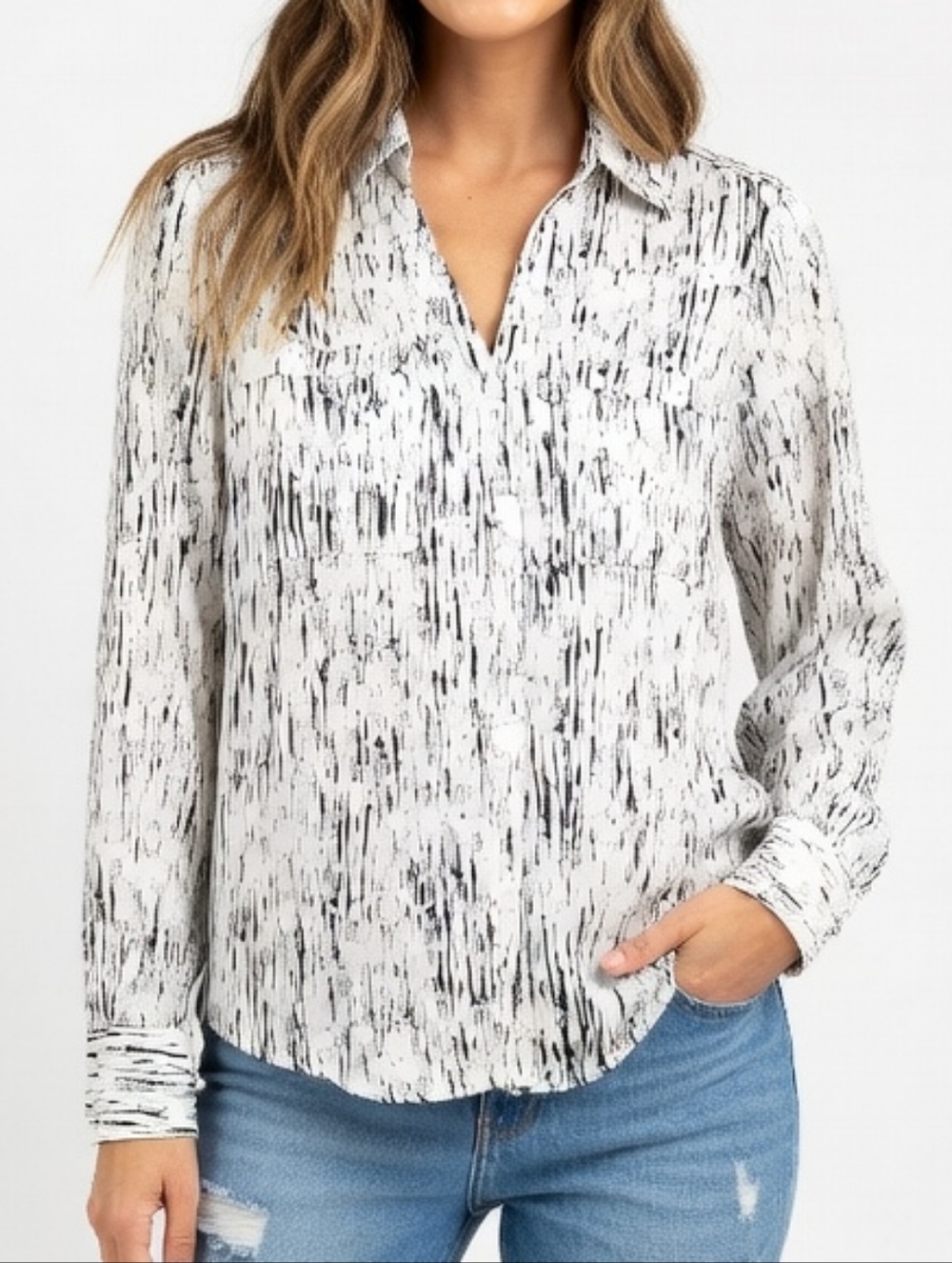 Express Women's Black And White Slim Fit Shirt (Size:xs)